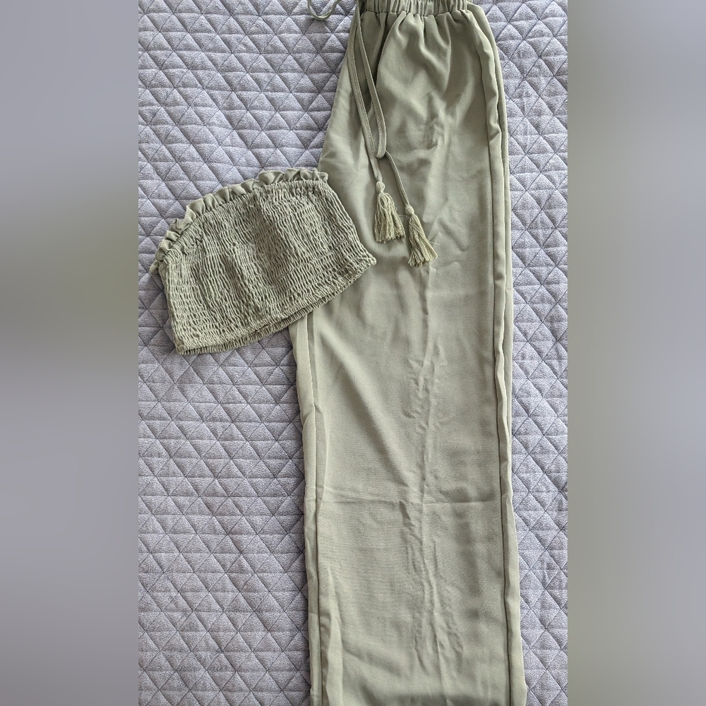 Smocked Tube Top & Drawstring Wide-Leg Pants Set in Sage